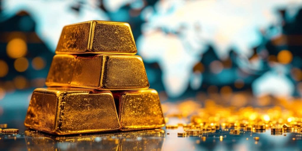 Lingots d'or sur fond de carte mondiale flou.