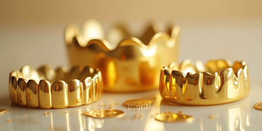 Des morceaux d'or dentaire brillants sur une surface.