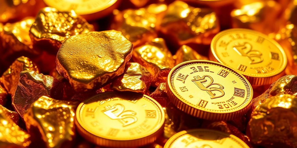 Des pépites et pièces d'or brillantes.