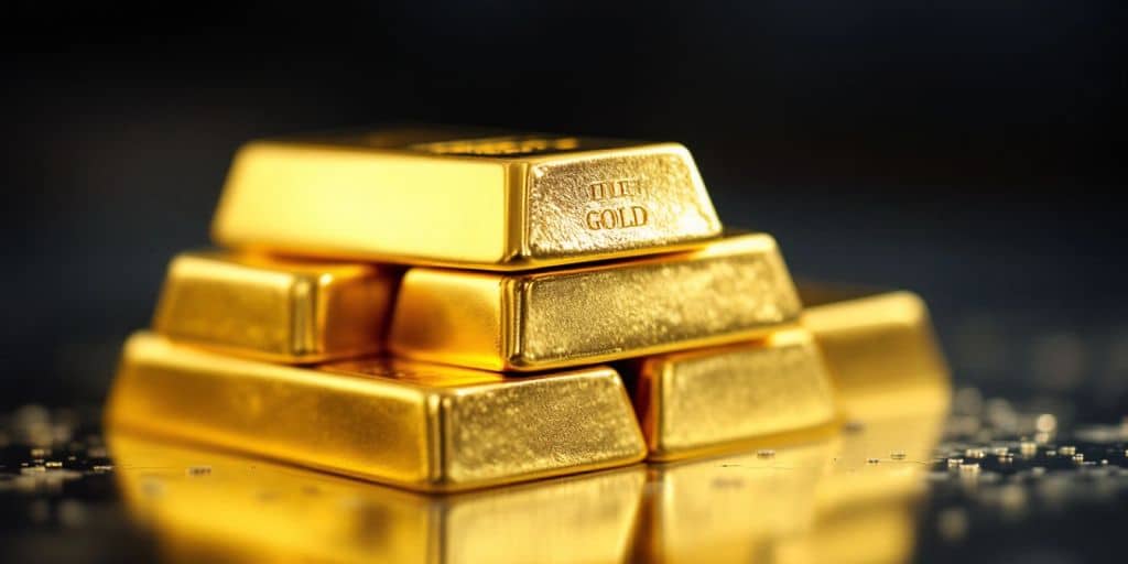 Des barres d'or brillantes sur une surface réfléchissante.