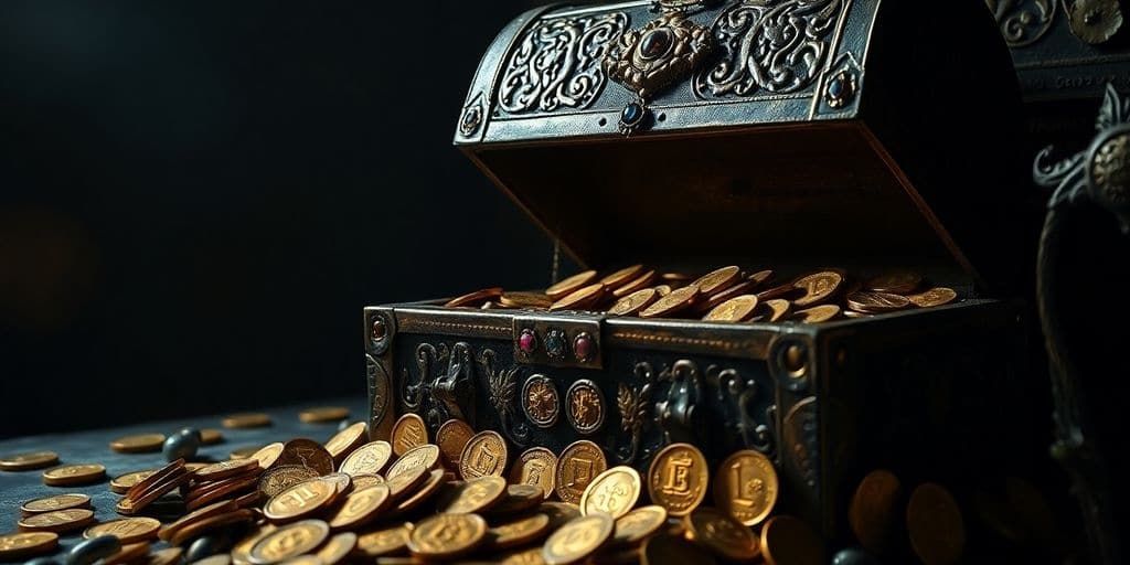 Coffre au trésor rempli de pièces de monnaie anciennes.