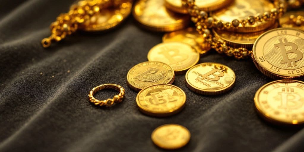 Pièces d'or et bijoux sur un tissu en velours.