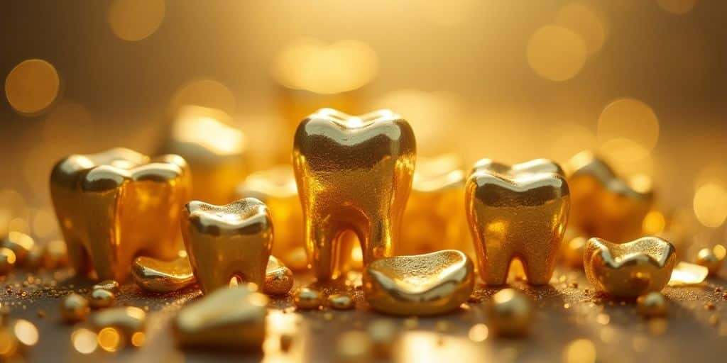 Divers morceaux d'or dentaire brillants.