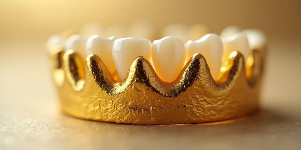Couronne dentaire en or brillant et détaillée.