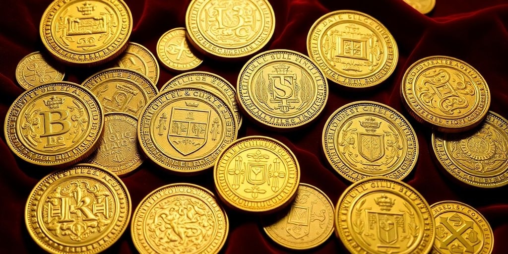 Collection de pièces d'or médiévales sur fond de velours.