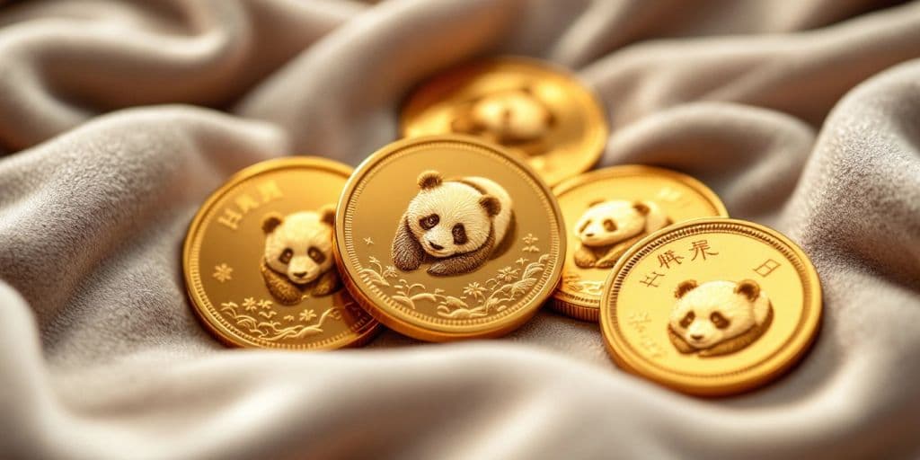 Pièces en or chinoises de panda sur un tissu en velours.