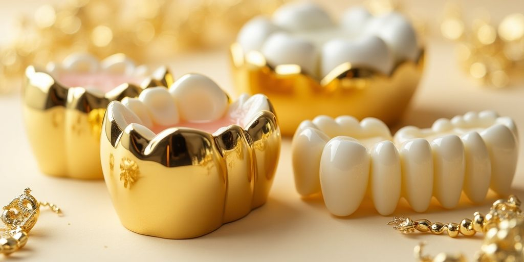 Prothèses dentaires en or brillantes sur fond neutre.