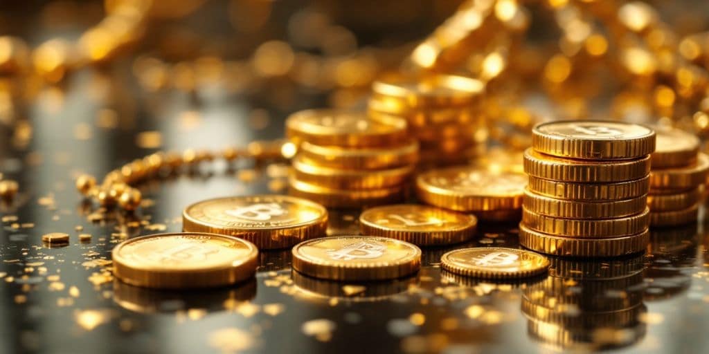 Pièces et bijoux en or sur une surface brillante.