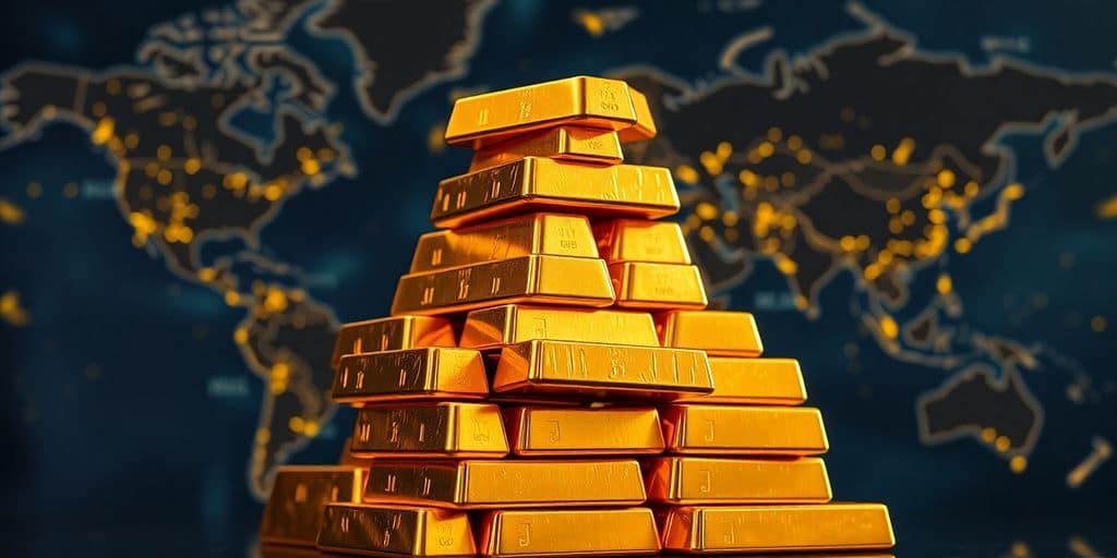 Barres d'or empilées sur une carte du monde.