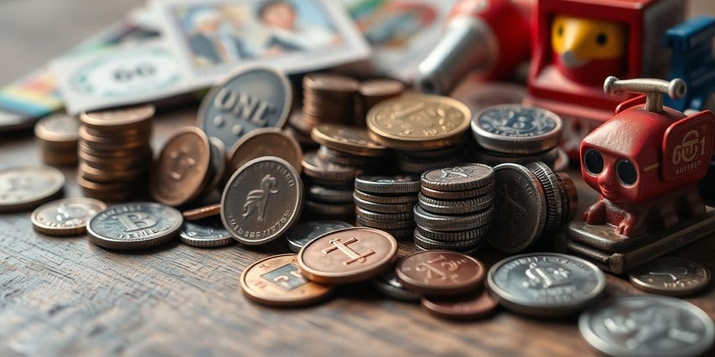 Des pièces de collection précieuses sur une table en bois.