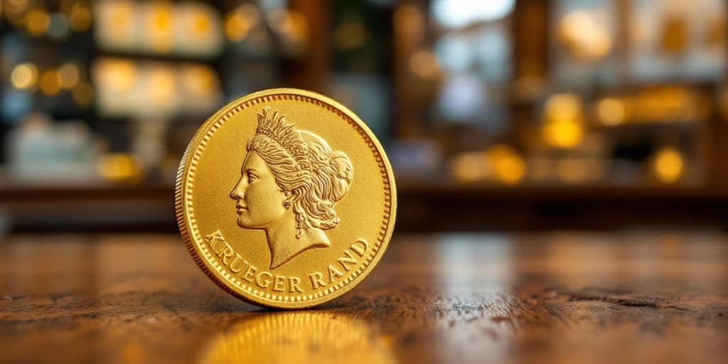 Pièce de Krugerrand en or sur une table en bois.