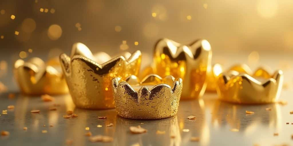 Couronnes et fillings en or dentaire sur une surface brillante.