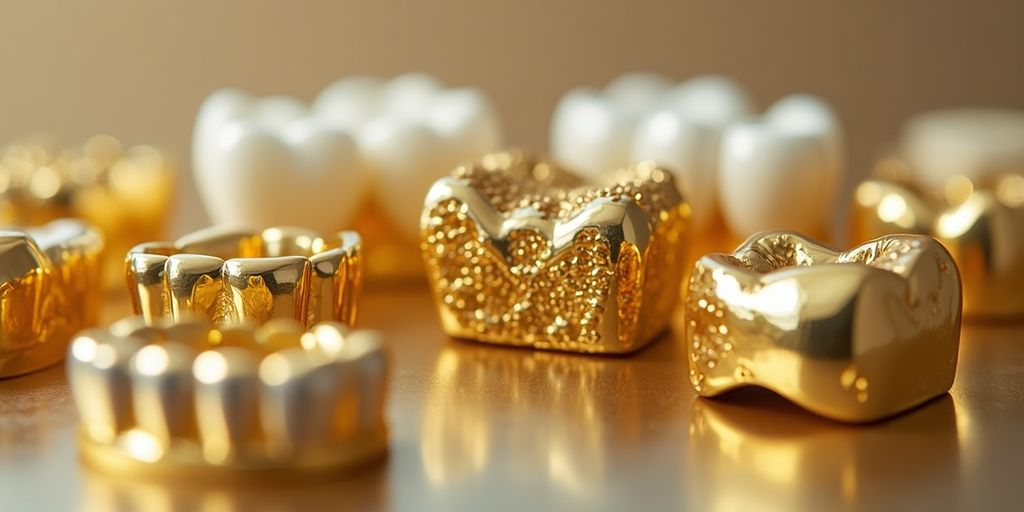 Différents types d'or dentaire en métal brillant.