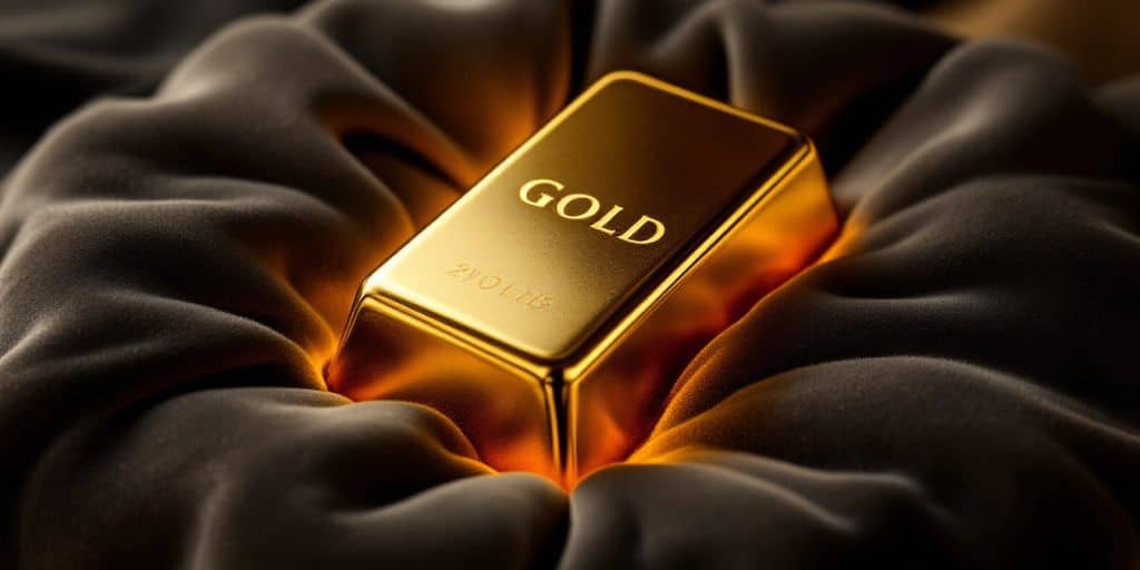 Lingot d'or sur un coussin en velours.