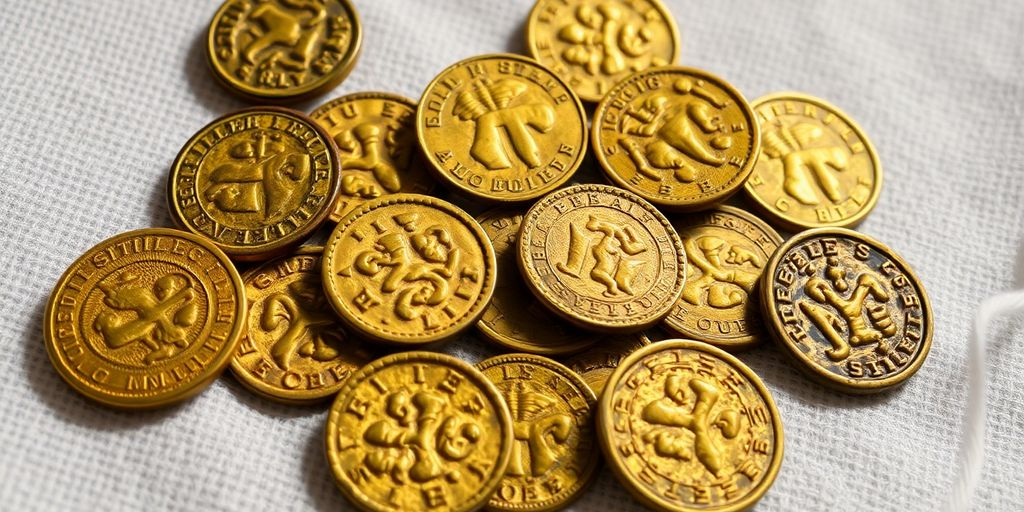 Pièces d'or anciennes sur un tissu texturé.