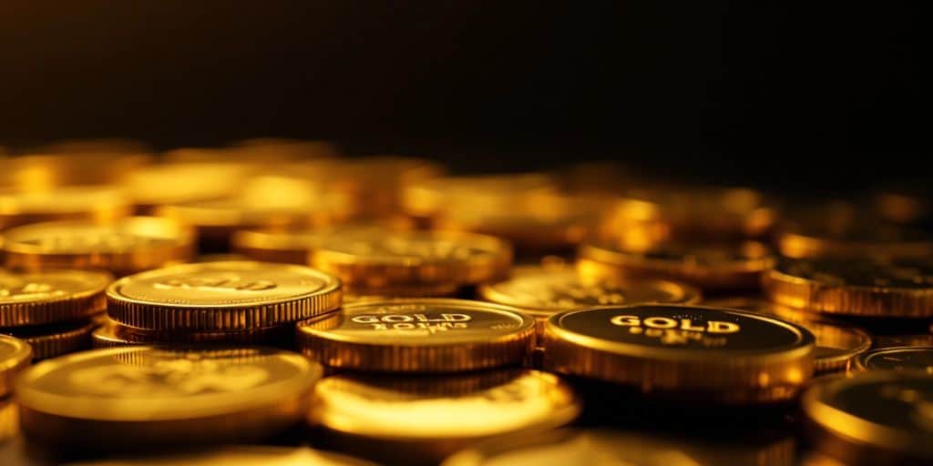 Des pièces et lingots d'or brillants sur fond sombre.