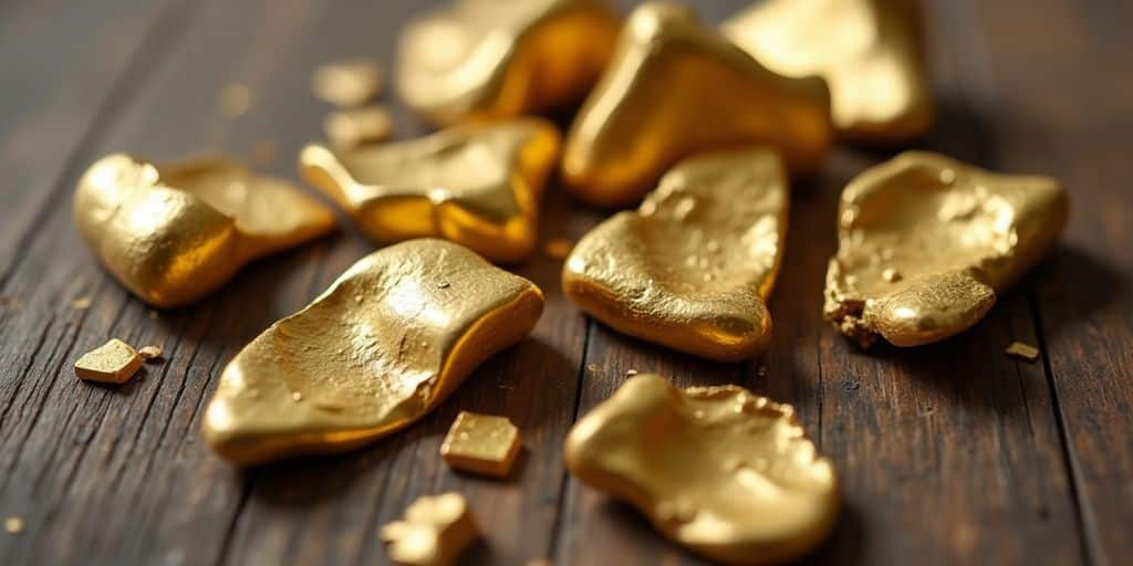 Pièces d'or dentaire abîmées sur une surface en bois.
