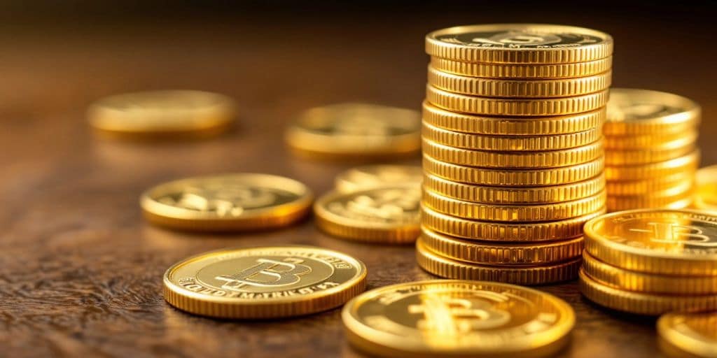 Pièces d'or brillantes empilées sur une table en bois.