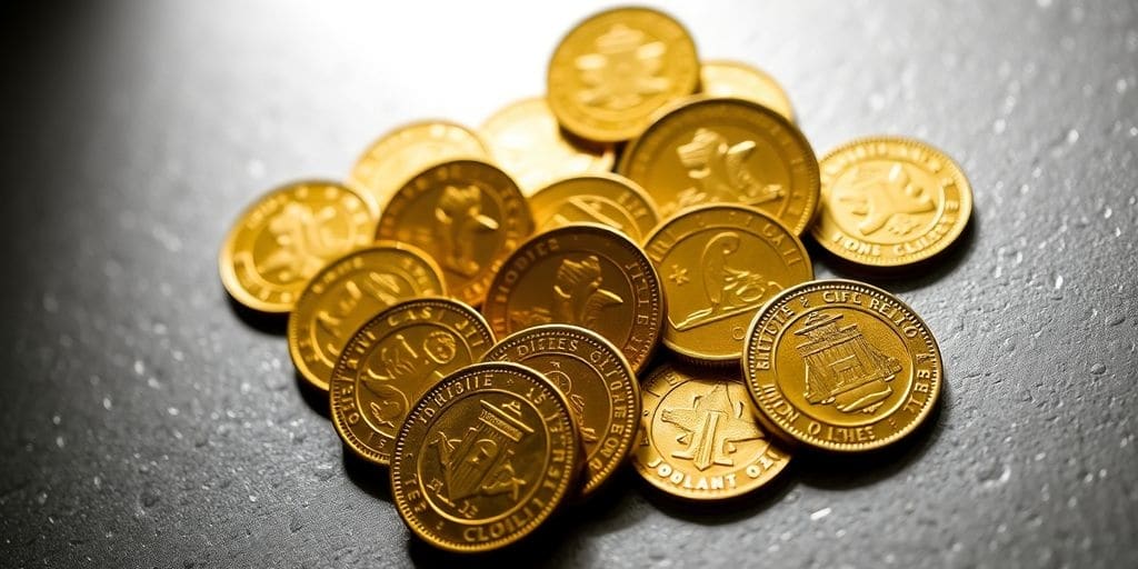 Collection de pièces d'or mexicaines sur une surface texturée.