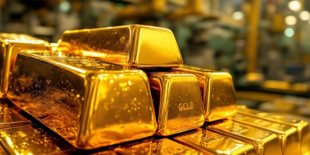 Barres d'or brillantes empilées avec un fond industriel flou.