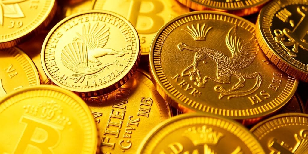 Pièces d'or avec designs complexes et surfaces brillantes.