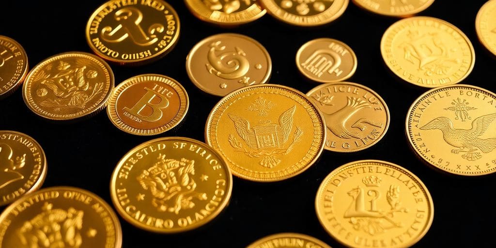 Différentes pièces d'or numismatiques sur un fond sombre.