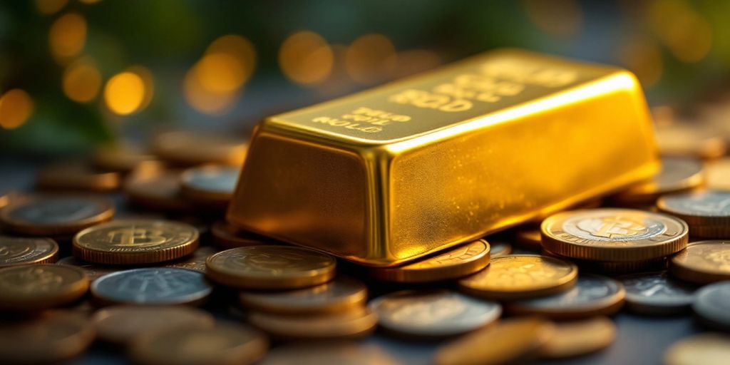 Barre d'or sur une pile de pièces.
