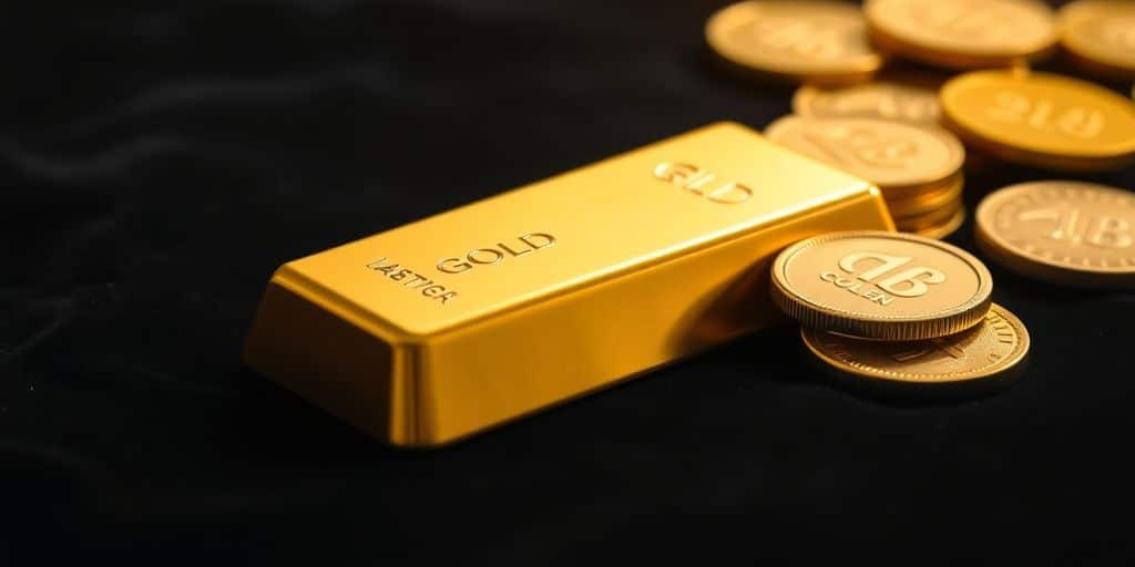 Barre d'or et pièces sur un fond sombre.
