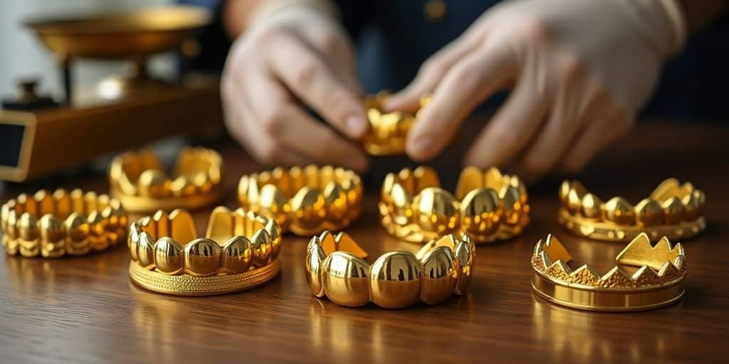 Collection d'or dentaire sur une table en bois.