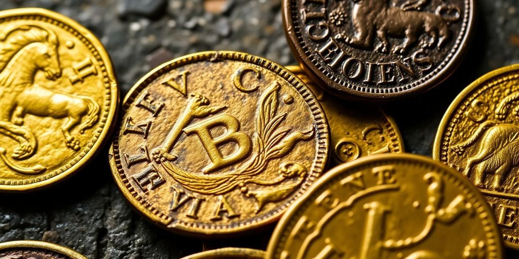 Pièces d'or anciennes d'Europe avec des détails fins.