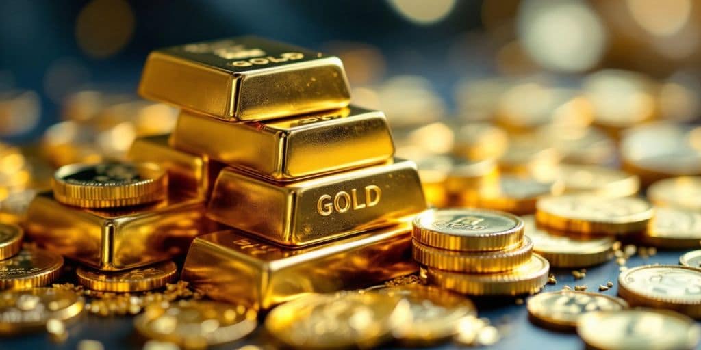 Pièces et lingots d'or brillants sur une surface.