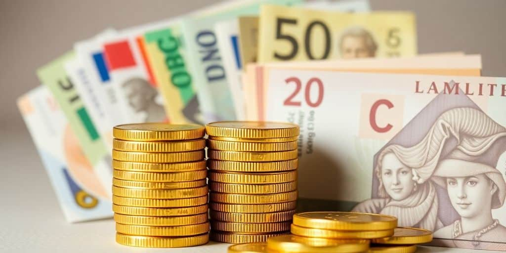 Pièces d'or et billets de banque en arrière-plan.