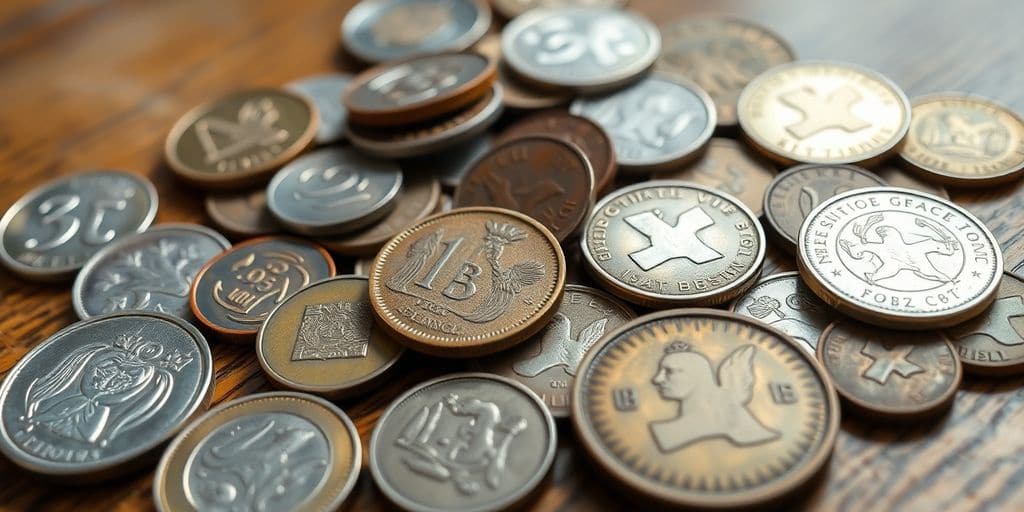 Assortiment de pièces de monnaie sur une table en bois.