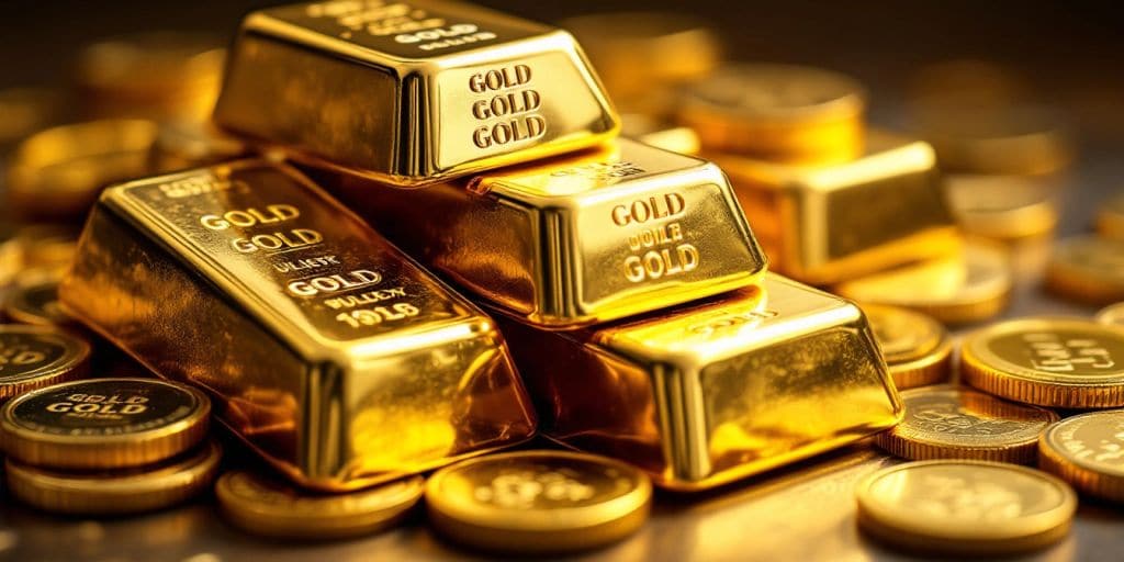 Une image de pièces d'or et barres dorées.