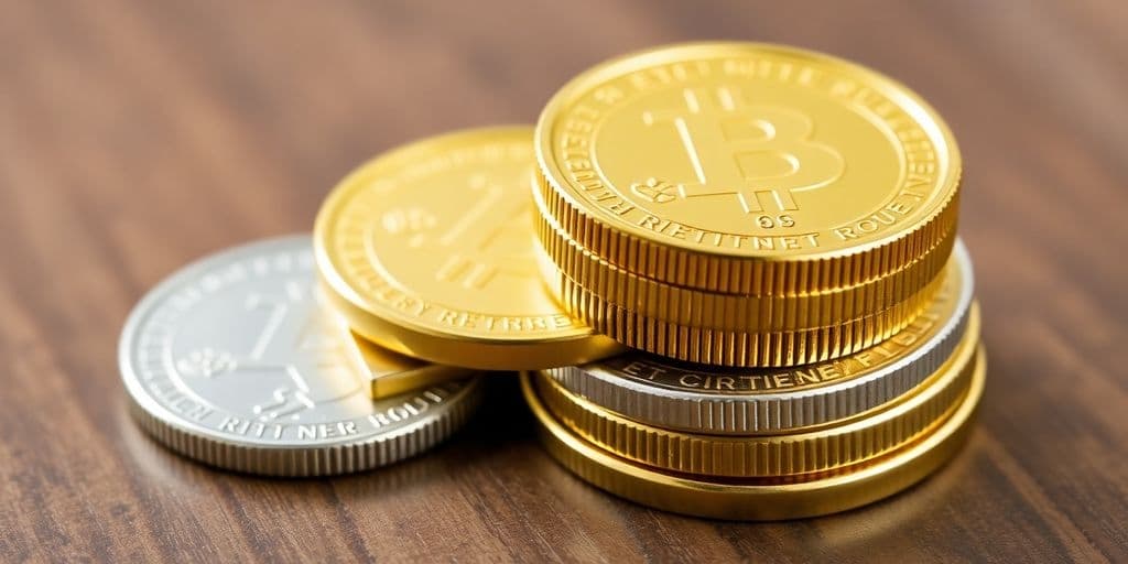Pièces d'or et d'argent empilées sur une surface en bois.