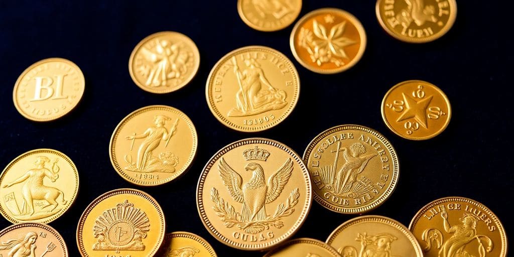 Collection de pièces d'or historiques sur fond en velours.