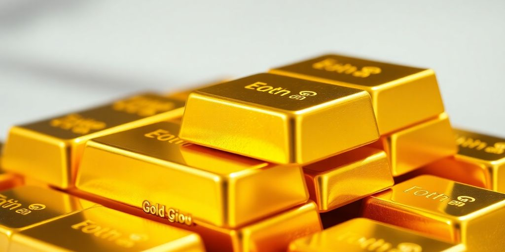 Barres d'or empilées sur un fond flou.