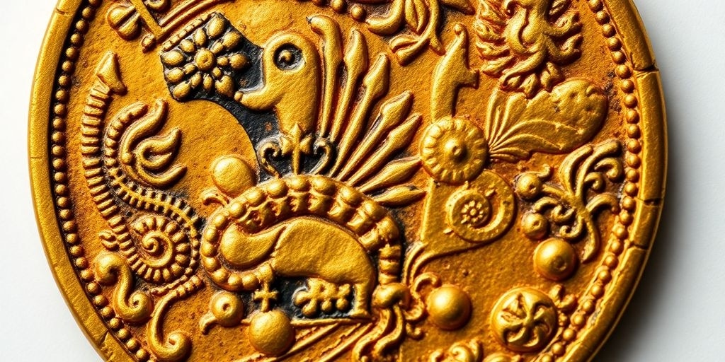 Pièce d'or ancienne avec des motifs détaillés.
