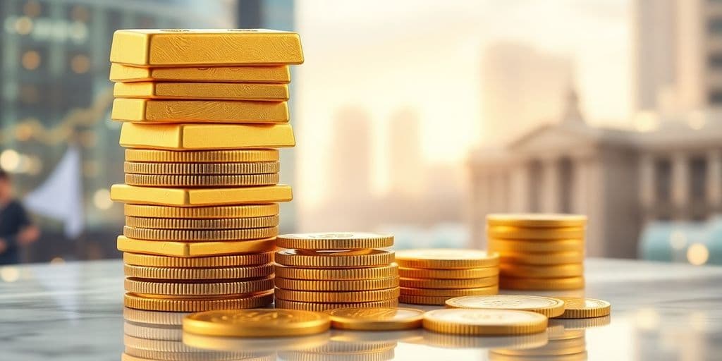 Piles de pièces et barres d'or sur fond flou.