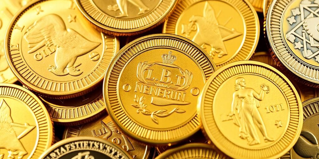 Détails de pièces d'or en gros plan.