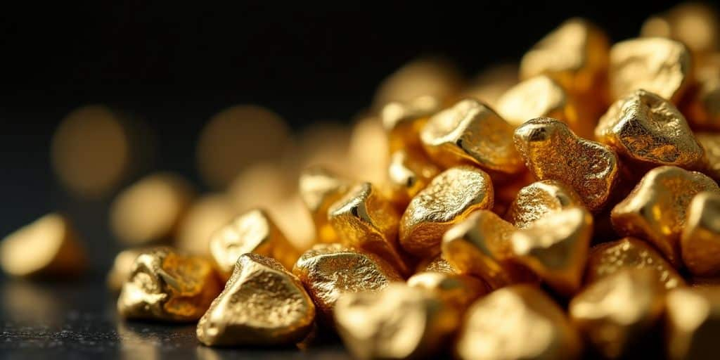 Petits morceaux d'or dentaire brillants sur fond sombre.