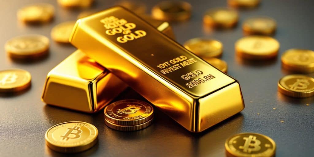 Barre et pièces d'or brillantes sur une surface lisse.