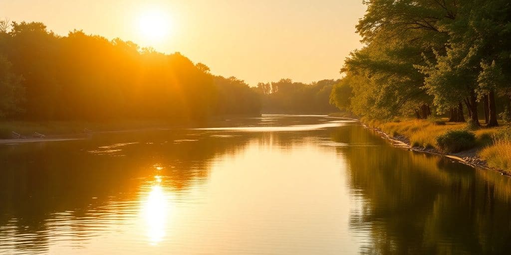 Paysage doré avec rivière calme et arbres verdoyants.