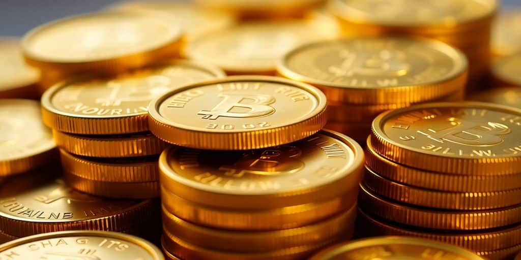 Piles de pièces d'or brillantes sous une lumière douce.