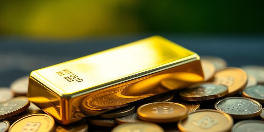 Barre d'or sur des pièces de monnaie.