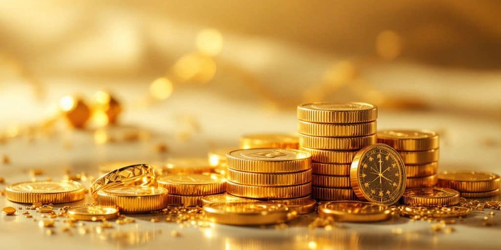 Pièces en or et bijoux brillants sur fond neutre.