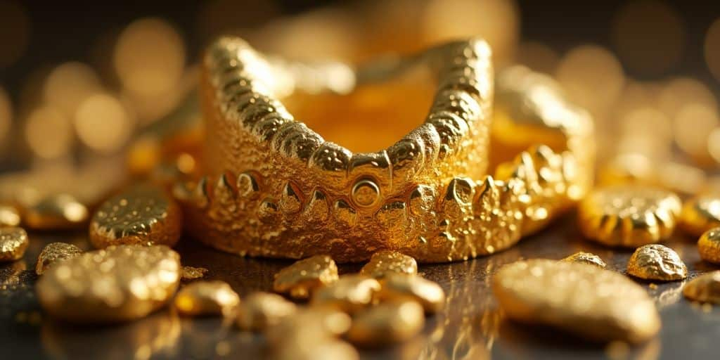 Morceaux d'or dentaire brillants sur une surface réfléchissante.