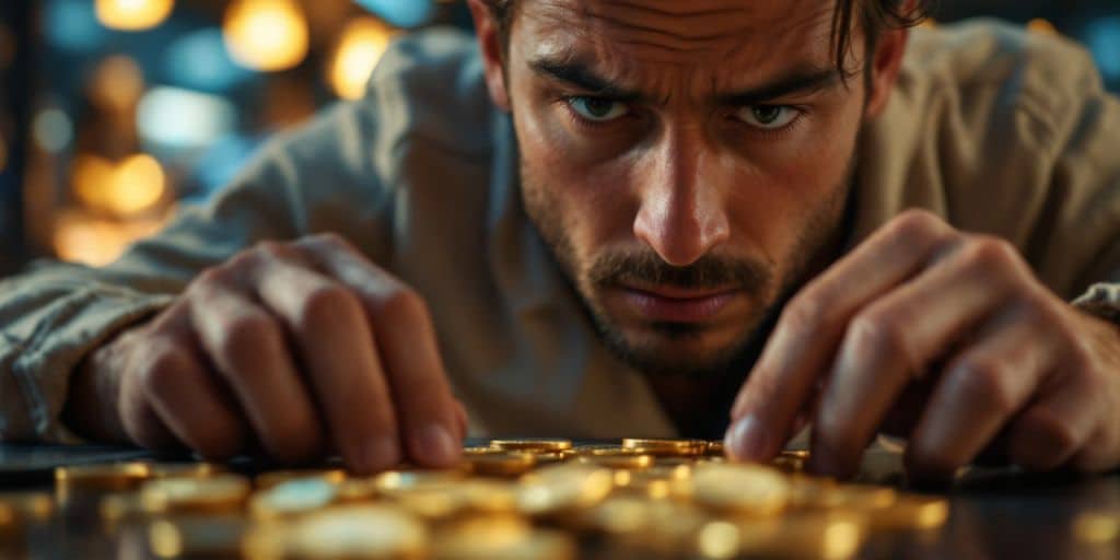 Person examine des pièces d'or avec une expression préoccupée.