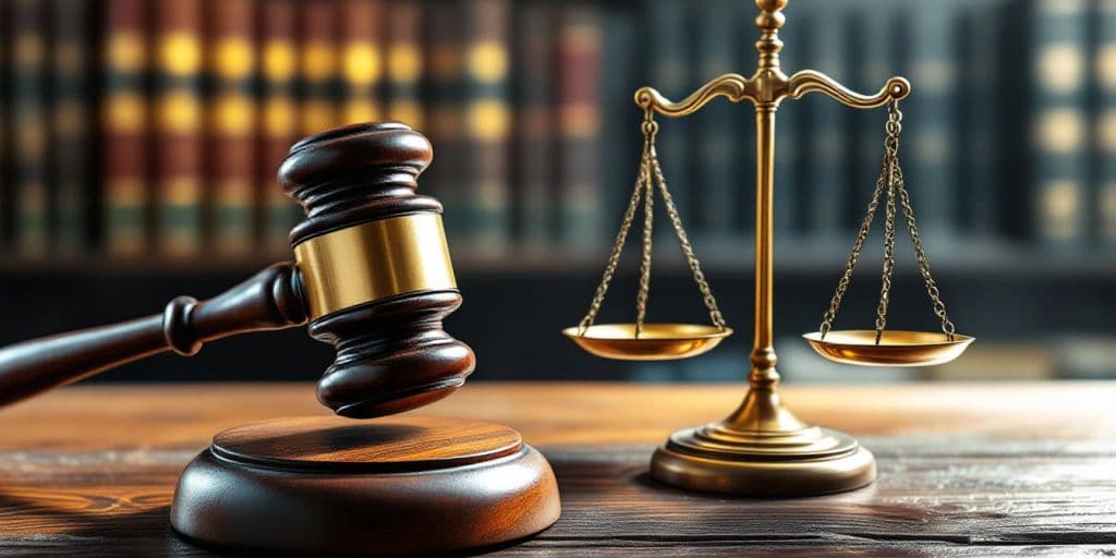 Marteau et balances de justice sur un bureau en bois.