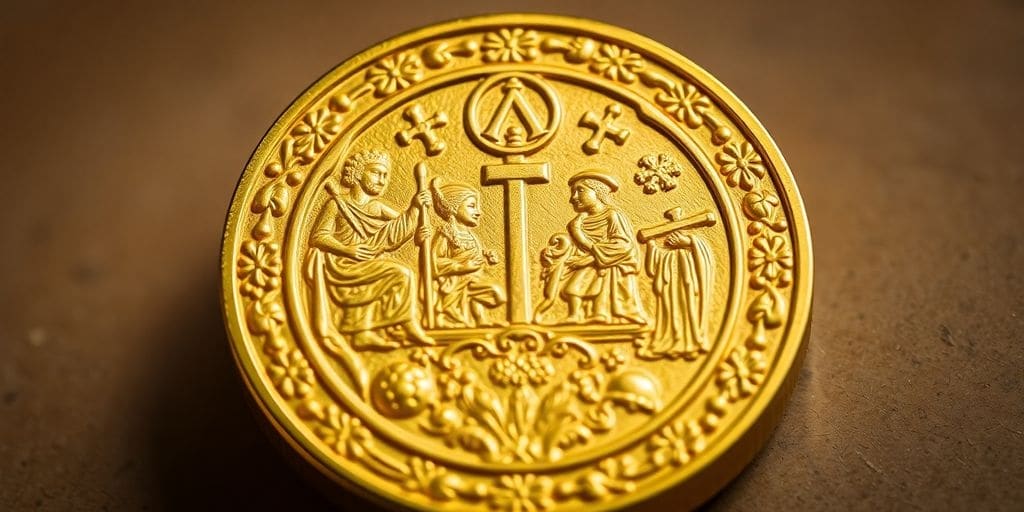 Pièce d'or avec motifs religieux détaillés.